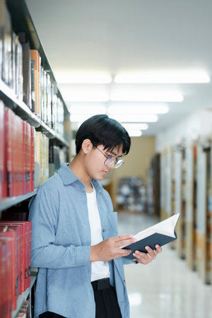 University students reading books in library for research.