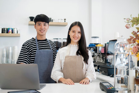 Two young managers or shop owners having some discussion working on a laptop at the counter of the shop or cafe.の写真素材
