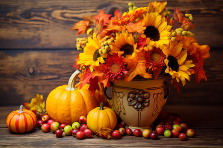 Thanksgiving in vase decor with pumpkins, sunflowers.の素材