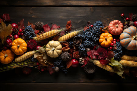 Top view pumpkins, gourds on wooden table. Thankgiving Day banner design.の素材