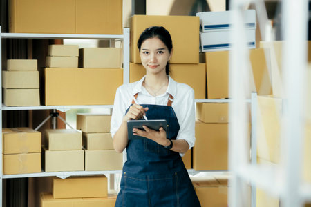 Checking stock for delivering products to customers.の写真素材