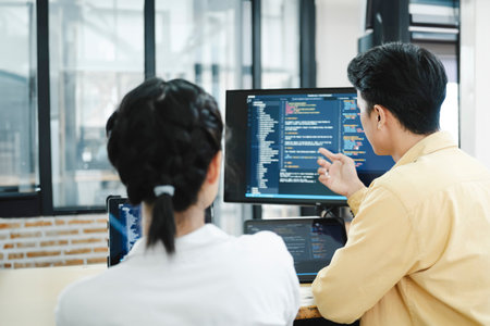 IT computer software developer team, programmer, software engineer and software analysis working on...