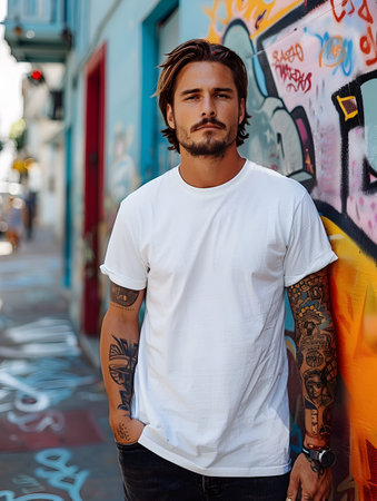 A stylish tattooed man wearing a white t-shirt and jeans stands next to graffiti in an urban setting perfect for modern and trendy designsの素材