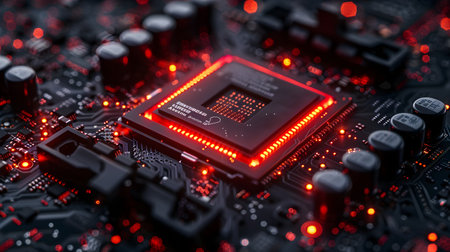 A computer processor with bright red LED lights on top in the style of technological marvels A close-up view of a cpu chip on a motherboard with a red and indigo lighting effectsの素材