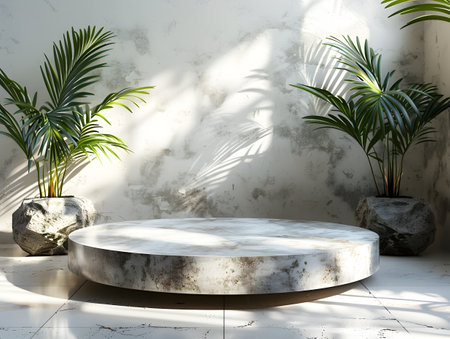 A luxurious and elegant marble round table with a stone base surrounded by lush plants and greenery in a naturalistic setting perfect for high-end home decor and interior designの素材