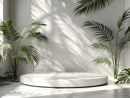 A clean and modern white round indoor space surrounded by minimalistic palm tree renderingsの素材