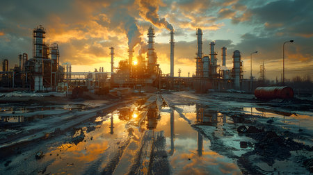 An atmospheric portrait of a large oil refinery at sunrise with a rainy area and sky luminous reflections and detailed machinery in a realism painting styleの素材
