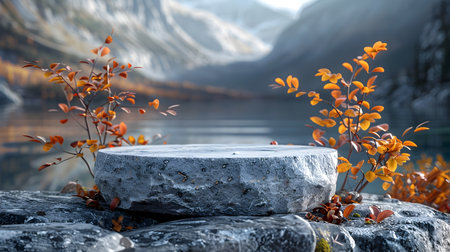 A stone sitting on the side of the water in Norwegian nature style rocks in the autumn forest by a lake rendered in cinema4d a rock on a beautiful landscape in tabletop photography style and a stone cup isolated on the rock rendered in unreal engineの素材