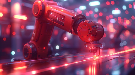 Stunningly detailed and realistic depiction of an industrial robotic arm under red lights showcasing the future of automation technologyの素材