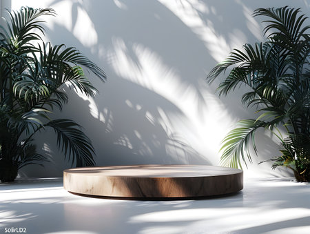 A clean and minimalist white room with a round wood table and a tall potted palm tree near it evoking a sense of calm and natural beautyの素材
