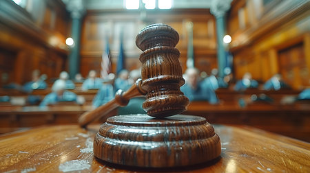 Realistically detailed wooden gavel in a courtroom shown in a tilt-shift photography style with a blurred background for added depthの素材