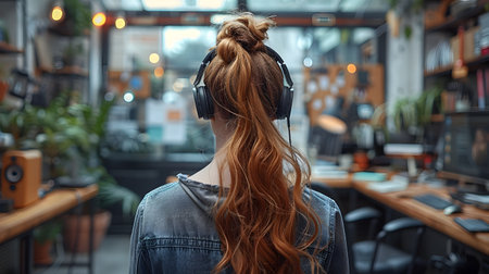 A young woman dressed professionally is standing in her office wearing headphones and working on her computer She is surrounded by office supplies and books creating a contemporary and digital atmosphereの素材
