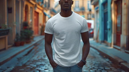 Stylish illustration of a black man standing on a cobblestone street in a white t-shirt and jeans in the fine lines styleの素材
