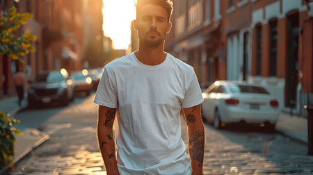 A confident man with tattoos in a white t-shirt walks down an empty urban street exuding a sense of modern masculinity and self-expression through his black and grey tattoo styleの素材