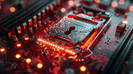 A stylized textured image of a motherboard with a red and green LED lights in a futuristic abstract style showcasing a close-up view of the key embedded in the board of a computer processorの素材