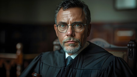 A white male judge wearing glasses and formal attire sits behind the bar in a courtroom exuding authority and professionalism in a photographically detailed portraitの素材