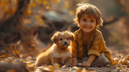 A charming depiction of a young boy having fun with his puppy in a forest setting featuring a warm and inviting color palette of golden hues and light amber tonesの素材