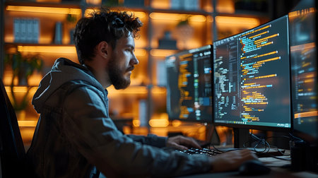 A programmer intensely focusing on his work at night in a dark room lit only by the glowing lights of his computer screens and keyboard creating code-based creationsの素材