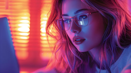 A trendy and tech-savvy woman working on her laptop at night surrounded by vibrant neon light and a stylish workspaceの素材