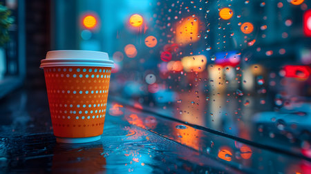 A coffee cup is perfectly captured in a rainy day scene sitting on a table in the style of teal and orange The subtle details of raindrops on a nearby window add depth to the composition This modern and minimalistic style of street scenes with vibranの素材