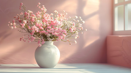 A still life of a white vase filled with light pink and white flowers presented in a physically based rendering style creating a sense of tranquility and elegance Perfect for graphic design and home decor projectsの素材