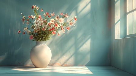 A white vase filled with an arrangement of colorful flowers is placed in a blue room captured in a realistic 3D rendering style The light red and light cyan hues of the flowers add a touch of warmth and color to the scene making it a perfect piece foの素材