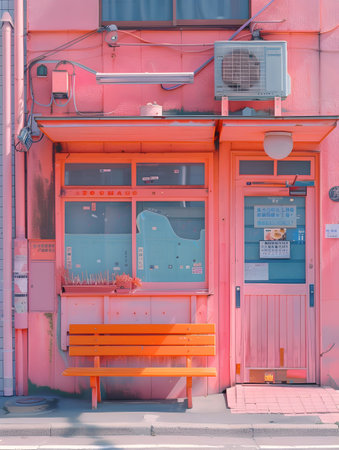 A pink building with a bench in front located in Tokyo Japan captured in the style of Japanese photography during July 2017の素材