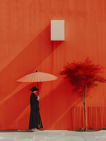 A collection of minimalist depictions of solitary figures holding umbrellas in Asian-inspired settings with a focus on red and orange colors and simple landscapesの素材