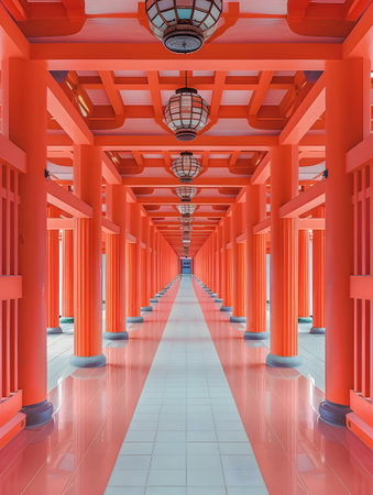 This photo showcases a red hallway with colorful pillars in Japanese-style landscapes It also features bright orange pillars with lights and light bulbs created in 3D It is a perfect representation of Japanese garden galleryの素材