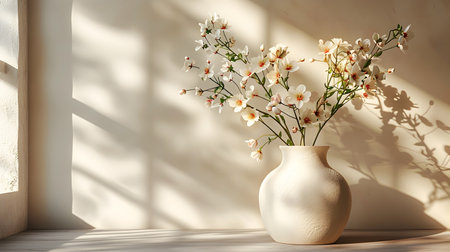 A vase of white flowers sits near a window bathed in warm natural light The simple clean design of the vase and the delicate petals of the flowers create a sense of tranquility and peace in this minimalist modern still lifeの素材