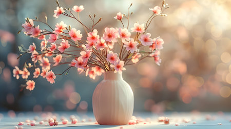A bouquet of light pink flowers in a white vase arranged in a soft delicate style inspired by Japanese photography Perfect for adding a touch of tranquility and beauty to your home or interior designの素材
