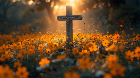 A cross set up in the middle of a field of orange flowers bathed in the golden light of sunrise in a light-focused shotの素材
