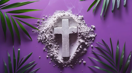 A cross made of gravel on a purple background in the style of explosive pigmentation and concrete brutalism A unique and artistic representation of spirituality and natureの素材