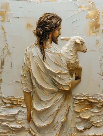 A beautiful painting of Jesus Christ holding a sheep on a pristine sandy beach depicted in the style of flowing textures and textured paint layers evoking a sense of serenity inspiration and spiritualityの素材