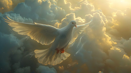 A white dove flies through clouds in a realistic stylized digital art depiction evoking feelings of peace hope and spiritualityの素材