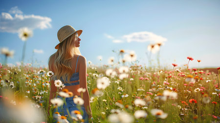 A beautiful blonde young woman is seen looking at the field of wildflowers with youthful energy and eco-friendly craftsmanship style The image is in high definition solarizing master style with a scenic outdoor landscape and a perfect fit for natureの素材