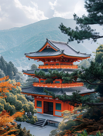 A traditional Japanese pagoda nestled amidst trees and mountains showcasing the beauty of Japanese influence in a serene natural settingの素材