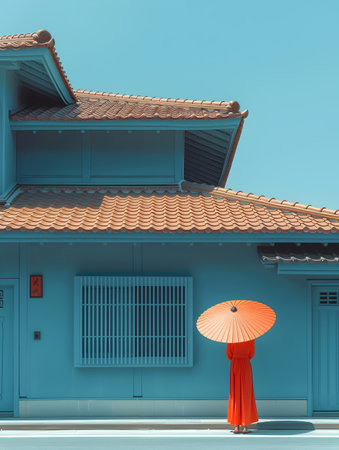 A minimalist portrait of a woman holding an orange umbrella in front of a blue house in the style of color field minimalism by Raymond Kim showcasing the contrast between the vibrant umbrella and the calm blue houseの素材