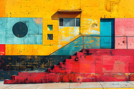 An artist is taking a picture of the vibrant and colorful stairs near a building with industrial texture creating a unique and artistic sceneの素材