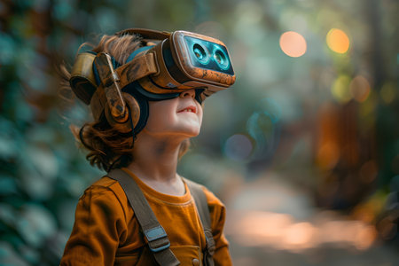 A young boy wearing a virtual reality headset looks towards the sun in a forest that combines futuristic and rustic elements reflecting the intersection between nature and modern technologyの素材