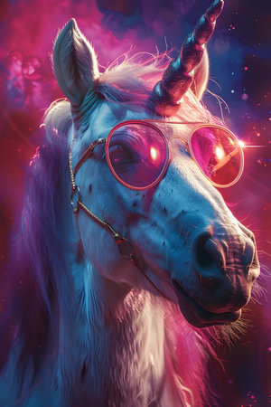 A unicorn is seen wearing pink sunglasses in the style of hyper-realistic sci-fi with a starry background in 32k UHD resolution making it an eye-catching and visually appealing artwork for any design projectの素材