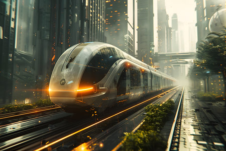 A train is moving down the tracks in a city of the future with silver and gold tones and a sleek spacecraft-inspired designの素材