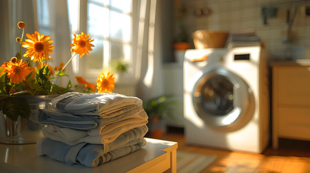 A laundry room scene with stacked towels next to a washing machine showcasing a modern and dramatic interior design with indigo and amber accentsの素材