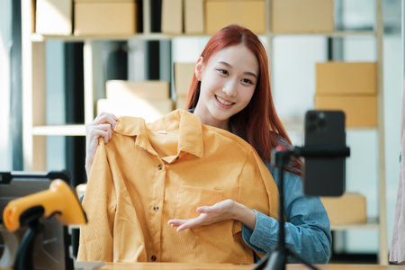 Entrepreneur Showcasing Clothes for Online Storeの写真素材
