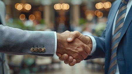 Two businessmen shaking hands after a successful meeting in a corporate settingの素材