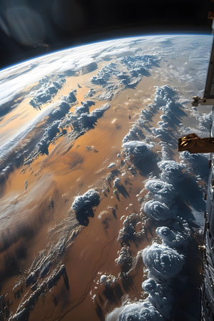 A view towards Mars from space in the style of exotic fantasy landscapes with an image from the space station sent to earth in the style of orientalist landscapesの素材