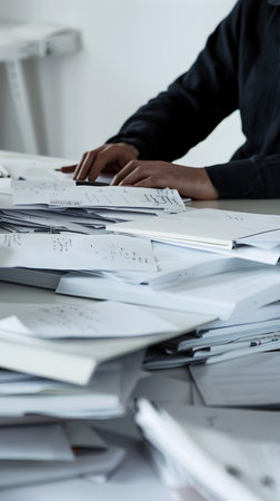 An image depicting several men working on important documents at an office table showcasing the organized chaos of a professional work environmentの素材