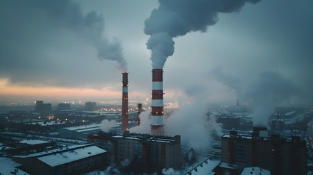 A cityscape image showcasing industrial buildings and smokestacks emitting smoke with a focus on environmental activism and atmospheric urban settingの素材