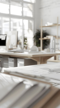 A clean and minimalist office desk setup with numerous papers in the style of architectural blueprint and mechanical designsの素材