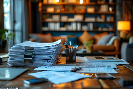 A pile of papers and documents on a desk in a sitting room library and home office in different styles and settingsの素材